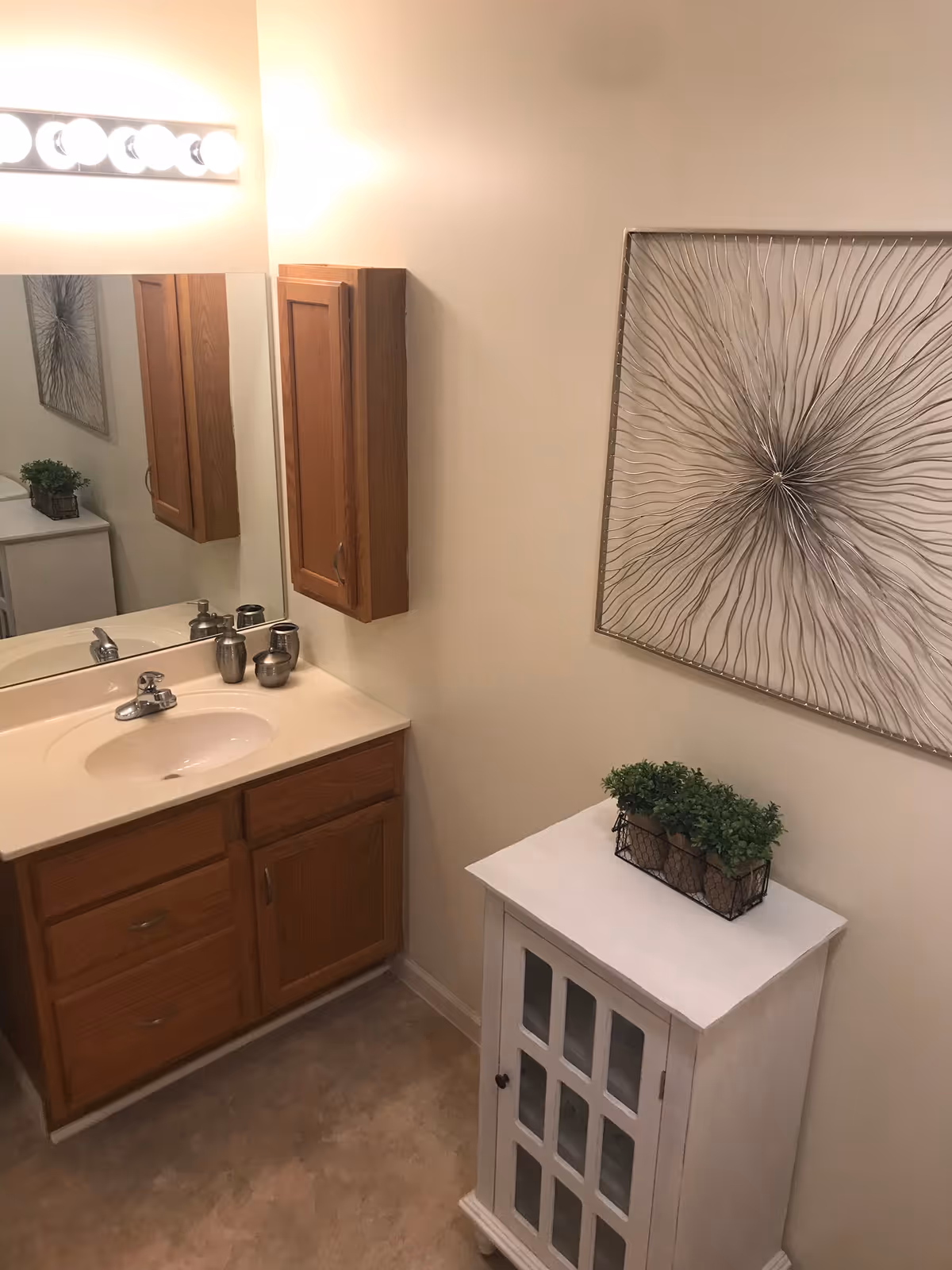 Small bathroom with a sink vanity and mirror, a wooden wall cabinet, decorative wall art, and a white storage cabinet topped with a potted plant.
