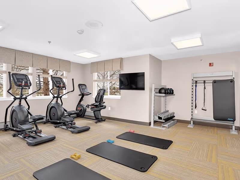 A bright fitness room with exercise equipment including two elliptical machines, a recumbent bike, three black exercise mats on the floor each with a pair of small dumbbells, a rack with medicine balls and dumbbells, and a wall-mounted TV. The room has large windows with beige valances and light-colored walls and carpet.