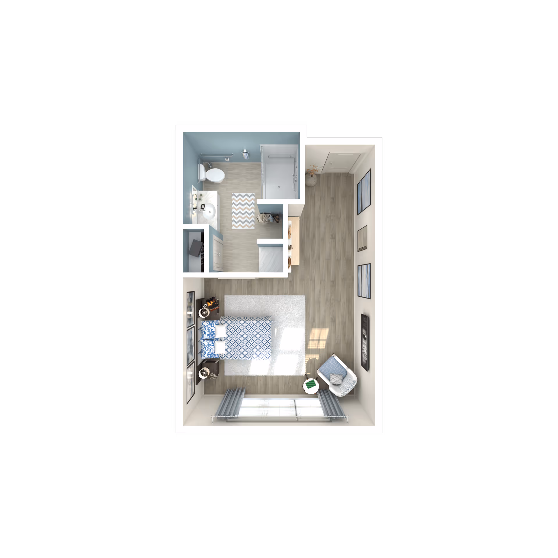 Top-down 3D floor plan of a small studio apartment showing a combined bedroom/living area, kitchenette, and bathroom.