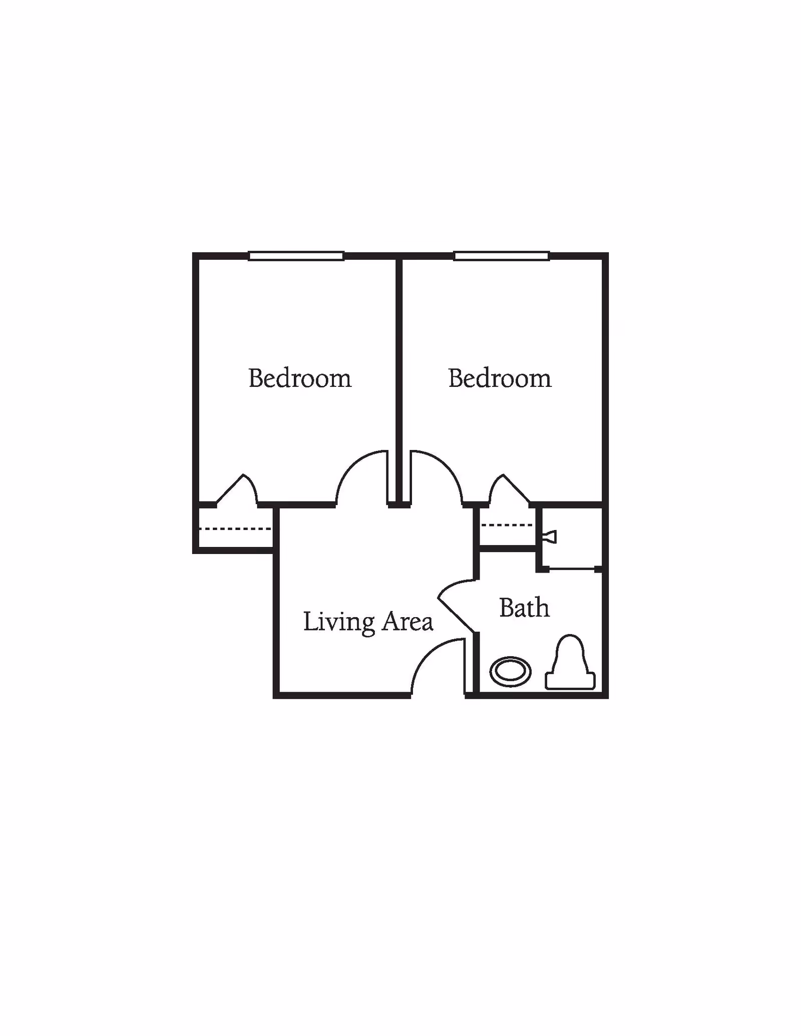 A simple black and white floor plan showing two bedrooms, a living area, and a bathroom. The layout includes doors and basic bathroom fixtures.