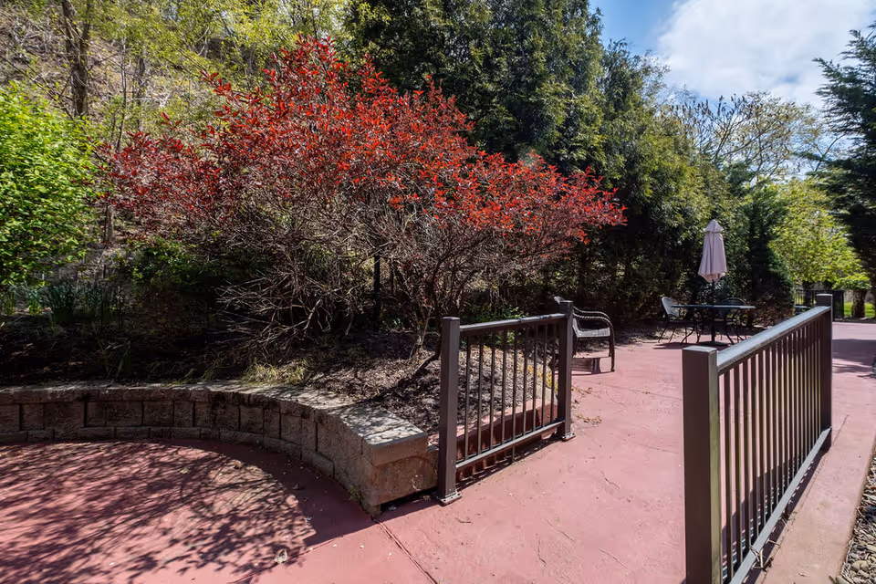 Outdoor patio area with a red concrete floor, a curved stone bench, metal railings, a table with chairs, and an umbrella surrounded by trees and bushes, including a prominent bush with red leaves.