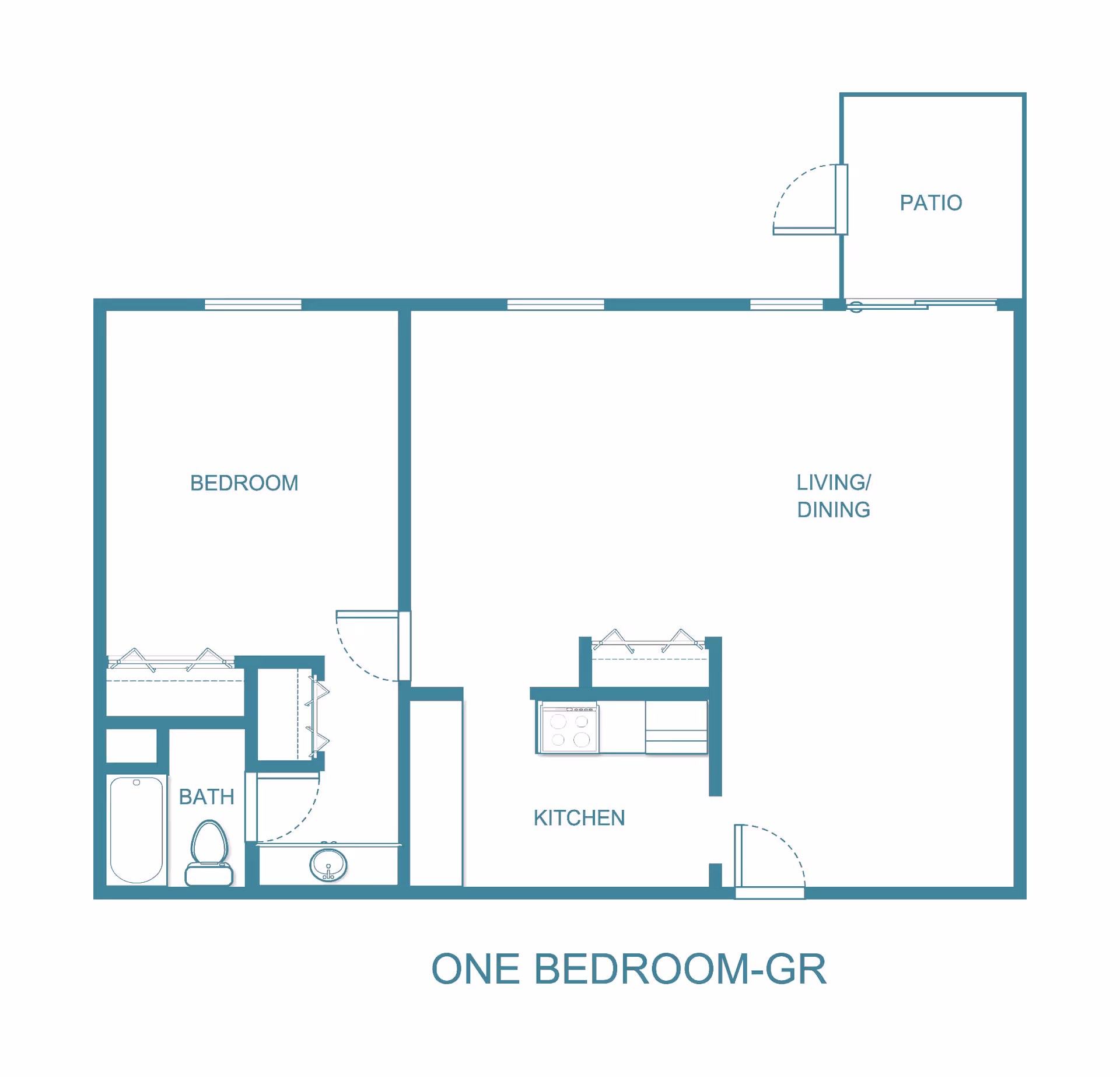 Floor plan layout of a one-bedroom apartment at Woodlands Village Senior Living Community, showing a bedroom, bathroom, kitchen, living/dining area, and a patio.