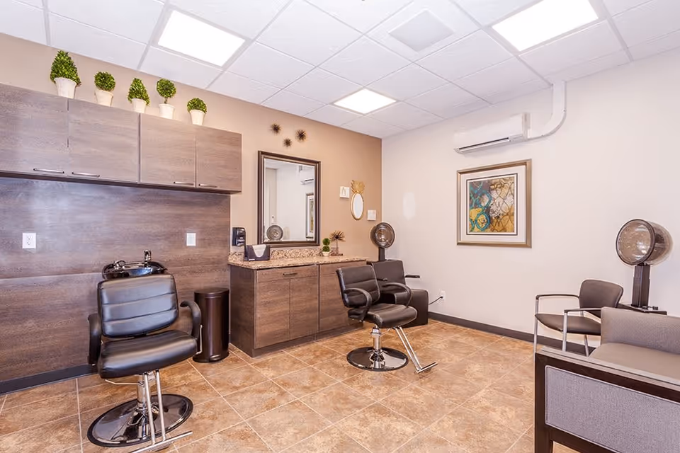 Interior of a salon area in an assisted living facility featuring two black salon chairs, a hair washing station, a large mirror above a wooden cabinet, decorative plants on top of the cabinets, two hair dryers on stands, and seating chairs against the wall with a framed abstract painting.