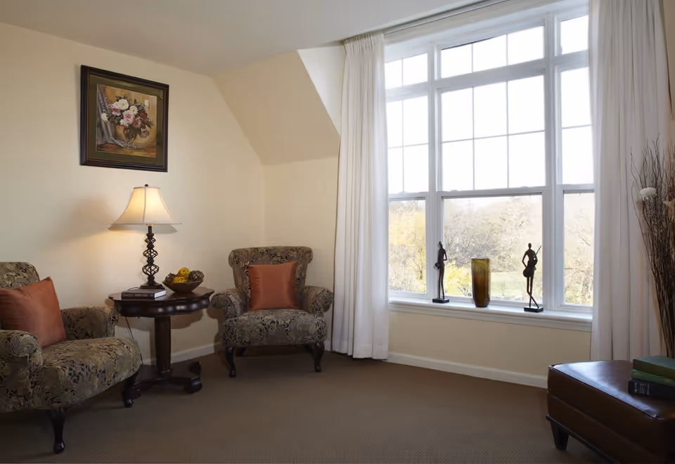 A cozy sitting area with two patterned armchairs each with an orange cushion, a round wooden side table with a lamp and decorative bowl, a large window with white curtains, and decorative figurines and a vase on the windowsill. A framed floral painting hangs on the wall above one chair.