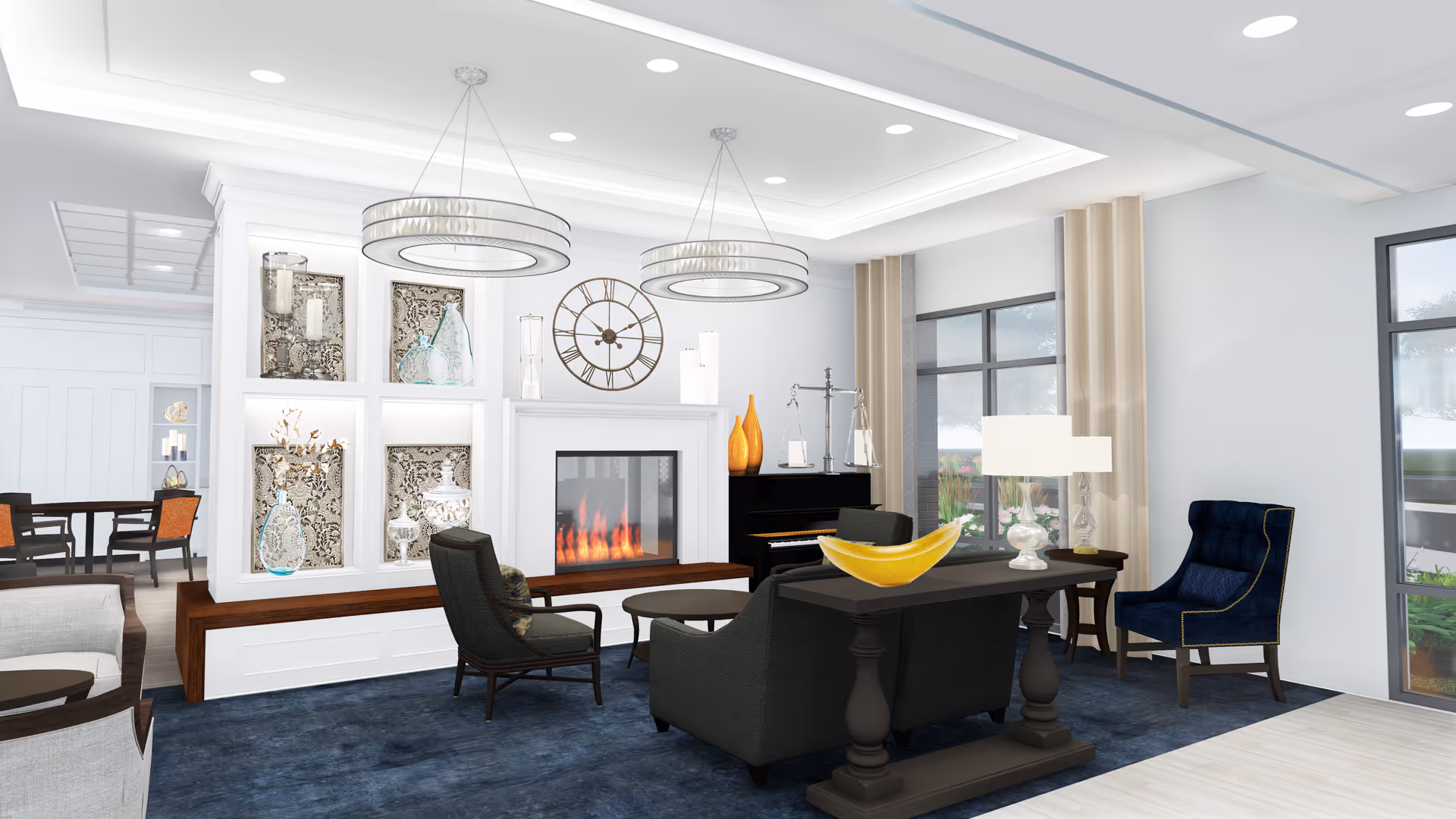 Light-filled lounge with a fireplace, sofas and armchairs arranged on a blue rug beneath modern chandeliers.