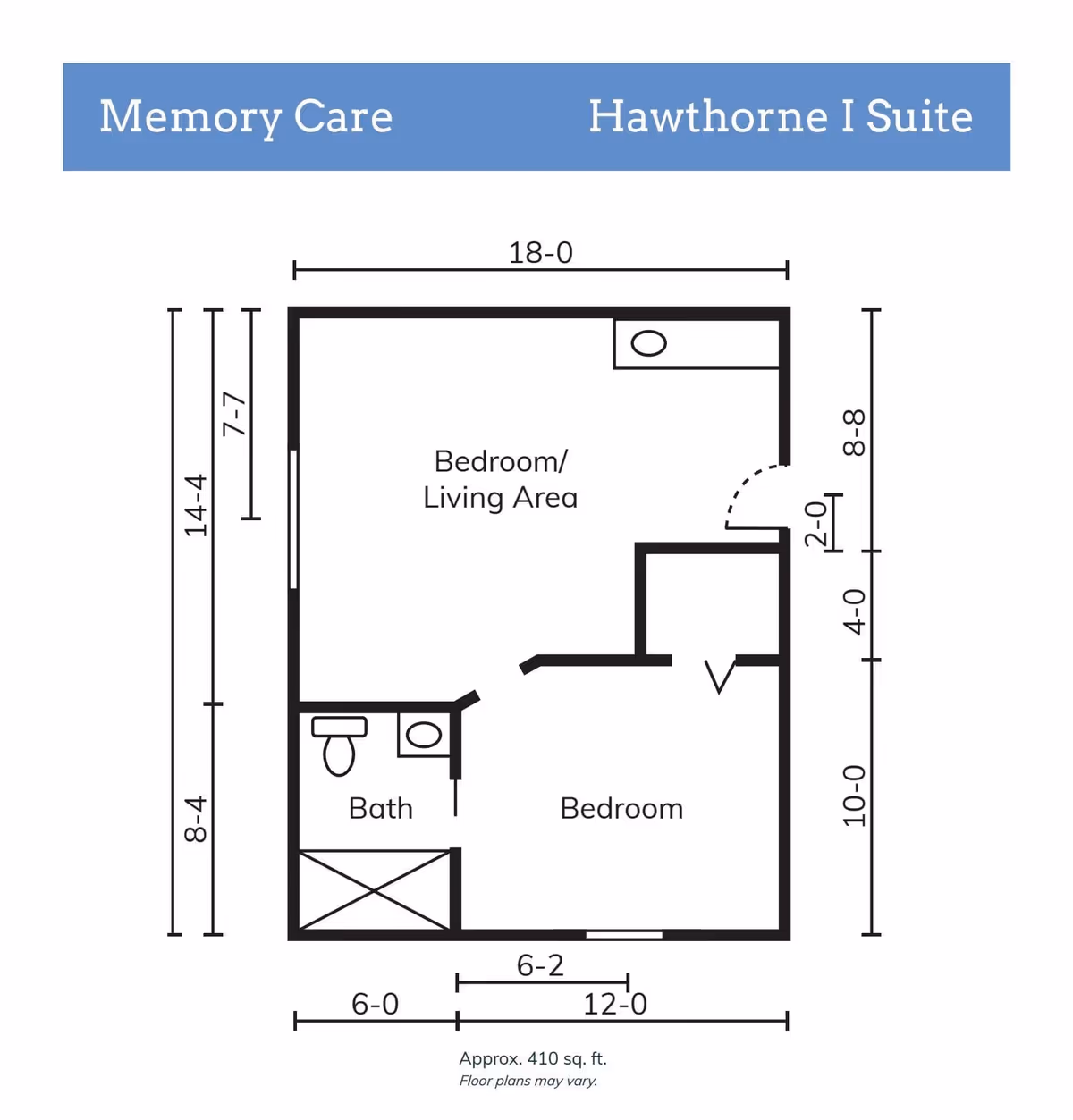 Floor plan of the Hawthorne I Suite in a Memory Care facility showing a combined bedroom and living area, a separate bedroom, and a bathroom. Dimensions and approximate total area of 410 square feet are indicated.