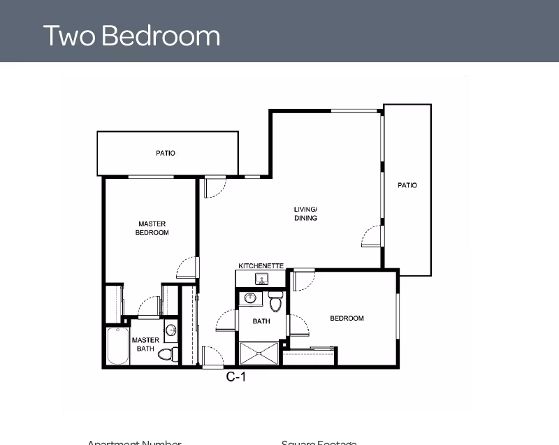 Floor plan layout of a two-bedroom apartment featuring a master bedroom with attached master bath, a second bedroom, a kitchenette, a bathroom, a combined living and dining area, and two patios.