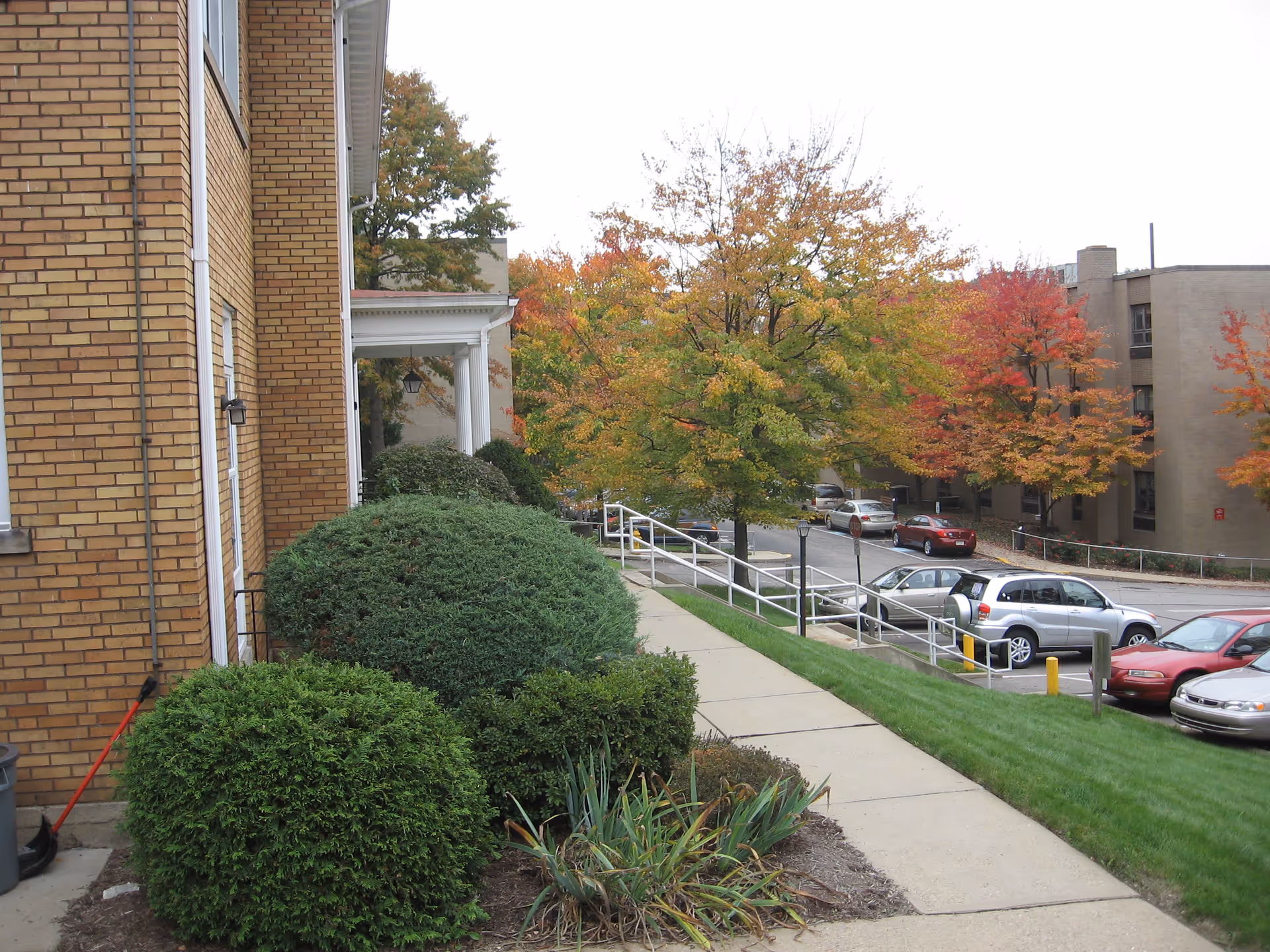 Sidewalk leading alongside a brick building with trimmed bushes and trees showing fall colors. Several parked cars are visible along the street next to the sidewalk.