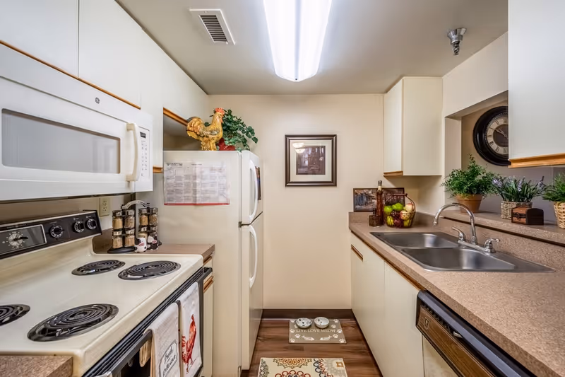 A compact kitchen with white appliances including a microwave, stove, and refrigerator. The countertops are beige with a double sink and various decorative items such as a rooster figurine, plants, and a fruit basket. A framed picture hangs on the wall at the end of the kitchen, and a clock is visible on the right wall. The floor has a small rug and a pet feeding mat with bowls.