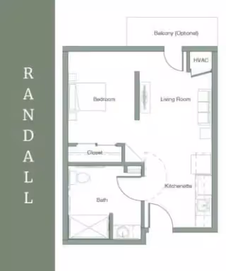 Floor plan labeled 'Randall' showing a one-bedroom apartment with bedroom, living room (optional balcony), kitchenette, bathroom, closet, and HVAC.