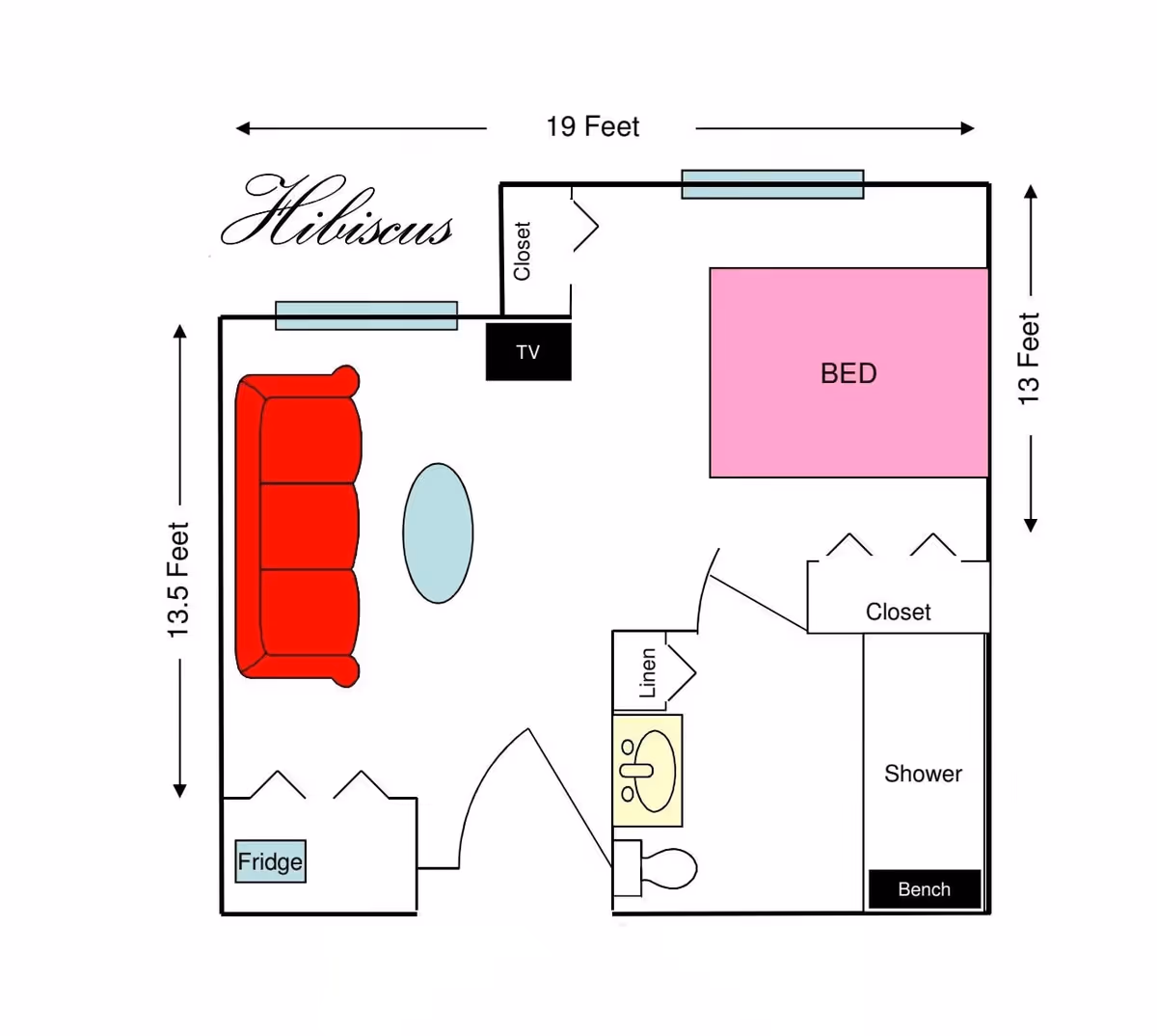 Floor plan of a living space named Hibiscus at Ansley Cove, showing a living area with a red couch and TV, a bedroom with a pink bed, a bathroom with a shower and bench, closets, a linen closet, and a fridge. Dimensions are 19 feet by 13.5 feet for the living area and 13 feet by 13 feet for the bedroom.