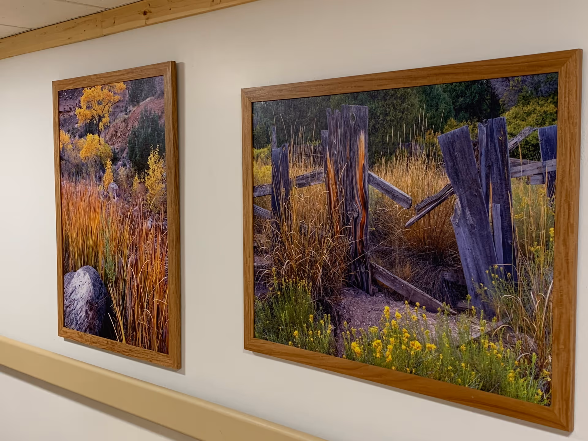 Two framed landscape photographs hanging on a beige wall in a hallway. The left photo shows a scene with tall orange and yellow grasses, a large rock, and trees with yellow leaves. The right photo depicts an old wooden fence surrounded by tall grasses and yellow wildflowers.