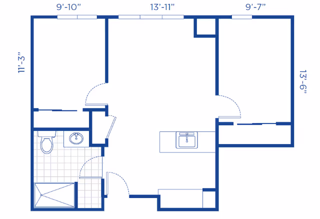 Blue schematic floor plan of an apartment showing two bedrooms, a bathroom, a central living area with a kitchen island, and room dimensions.