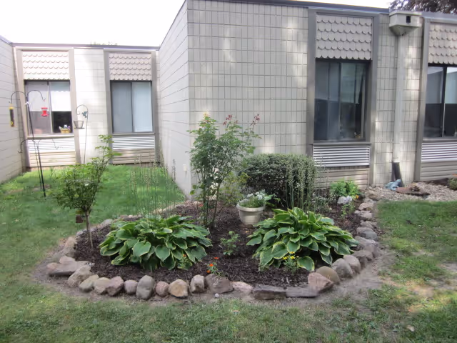 A small garden bed bordered by rocks with various green plants and shrubs in front of a beige building with windows. The garden is surrounded by grass and the building has a textured exterior wall.