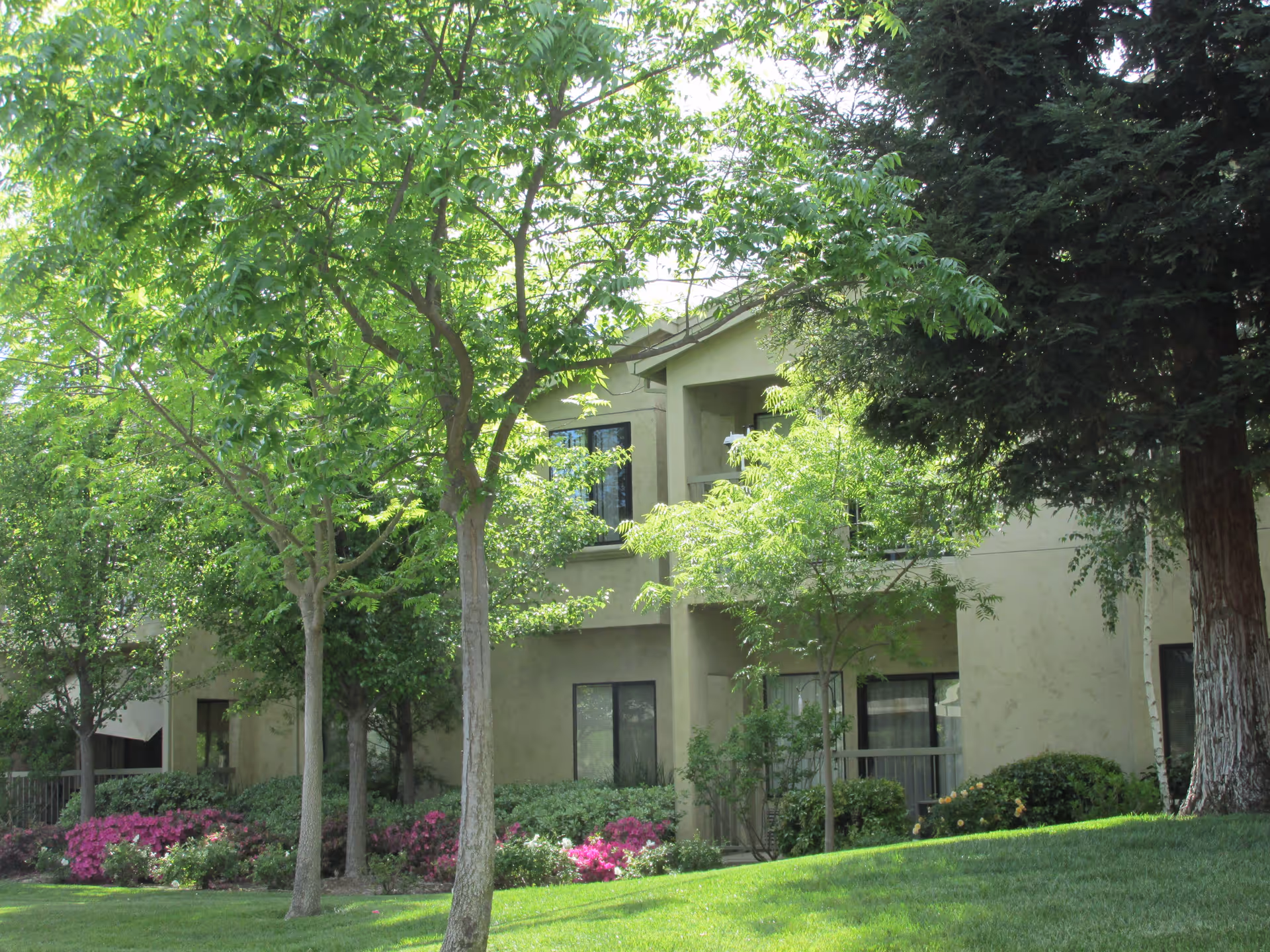 Exterior view of a senior living facility building partially obscured by lush green trees and bushes, with a well-maintained lawn and colorful flowering plants in the foreground.