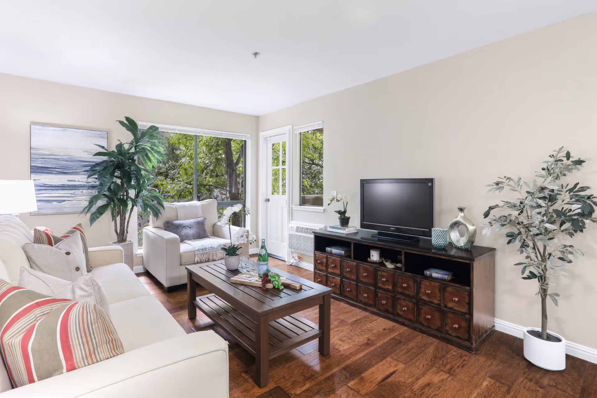 A bright living room with a beige sofa adorned with striped and solid pillows, a matching armchair, a wooden coffee table with a bottle of sparkling water and grapes, a large window showing green trees outside, a TV on a wooden cabinet with multiple drawers, and two potted plants on either side of the room.
