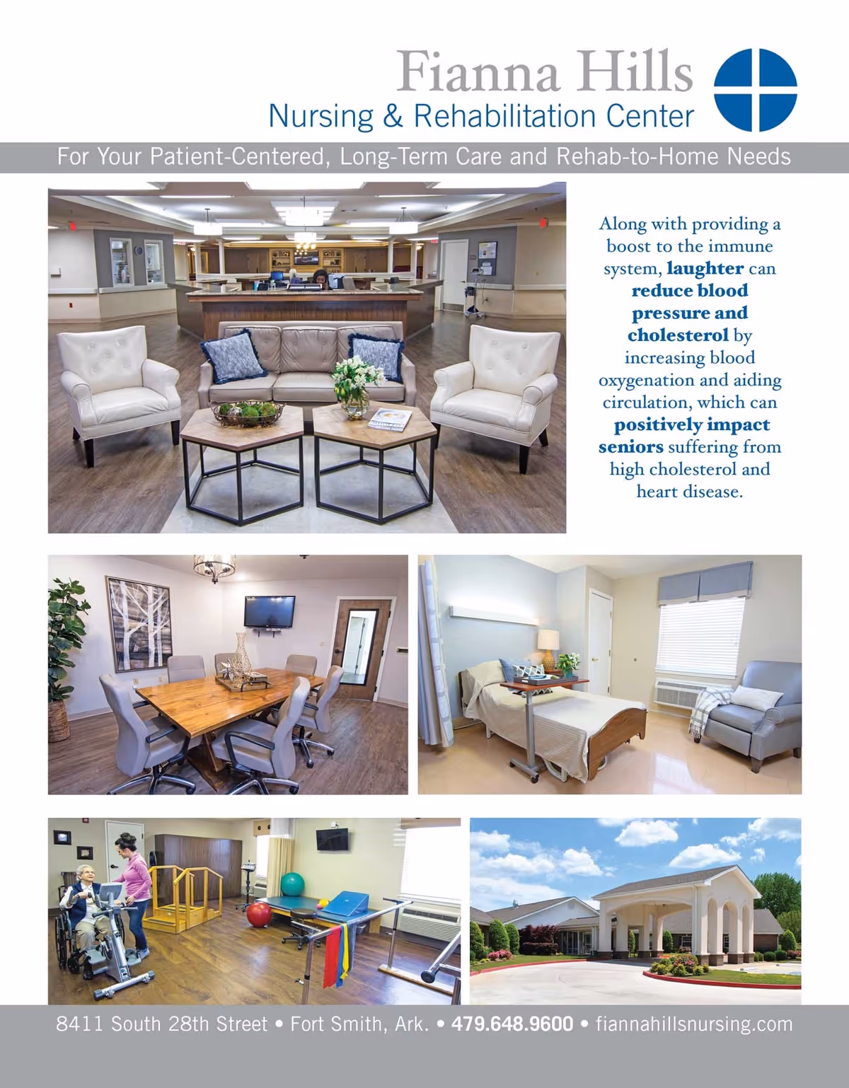 Collage of images from Fianna Hills Nursing & Rehabilitation Center showing a comfortable seating area with chairs and a sofa, a conference room with a table and chairs, a patient room with a bed and armchair, a physical therapy room with equipment and a therapist assisting a patient, and the exterior entrance of the facility with a covered drop-off area.