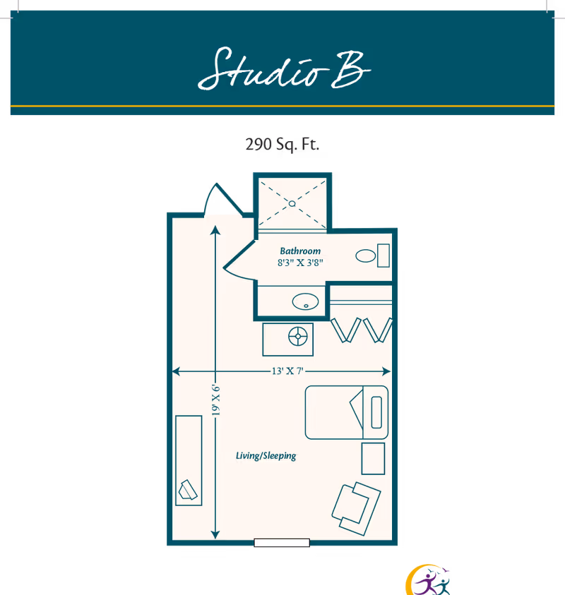 Top-down floor plan labeled "Studio B" showing a 290 sq. ft. studio layout with a bathroom and living/sleeping area.