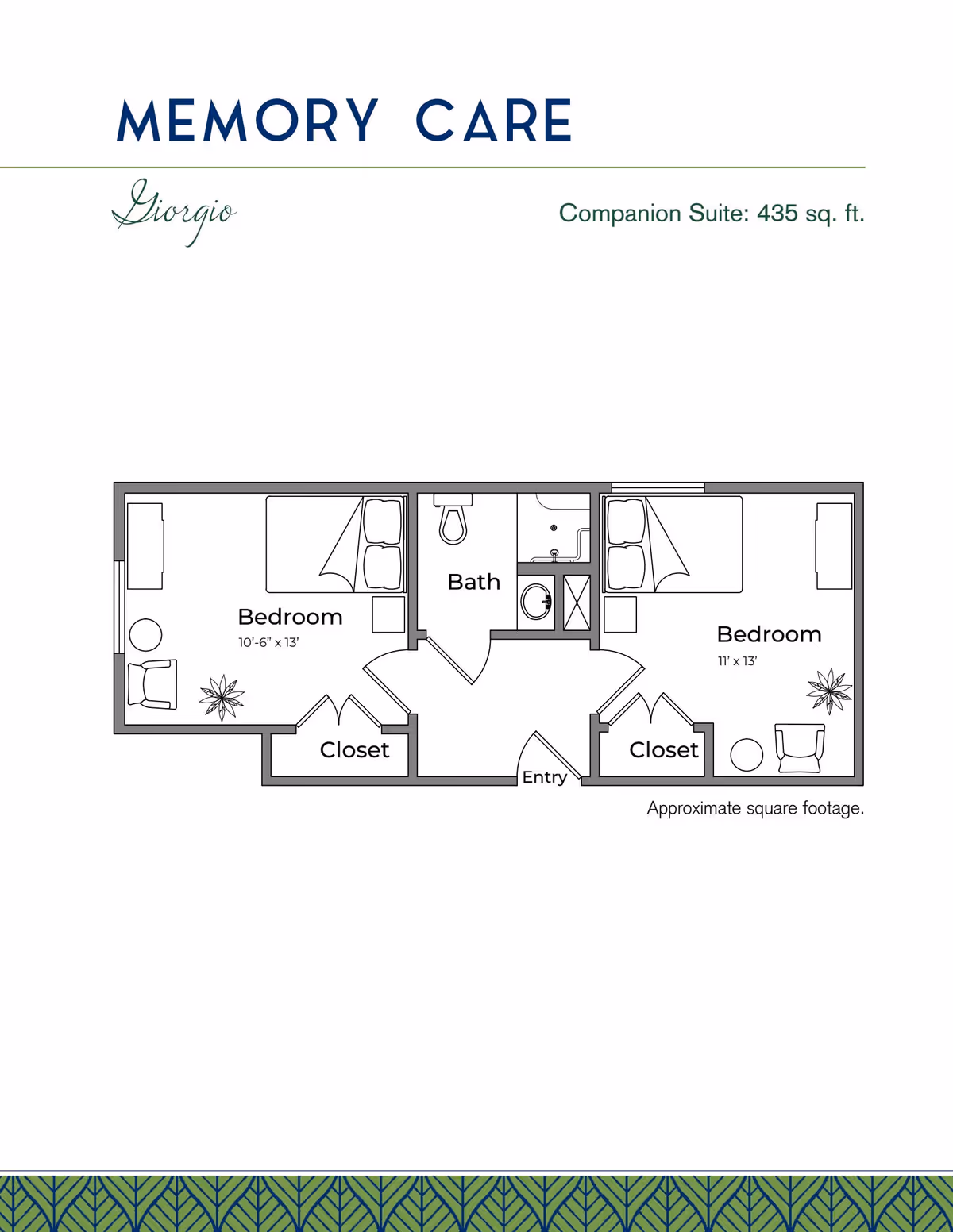 Floor plan titled 'Memory Care Giorgio' of a 435 sq. ft. companion suite showing two bedrooms, a shared bath, closets and an entry.