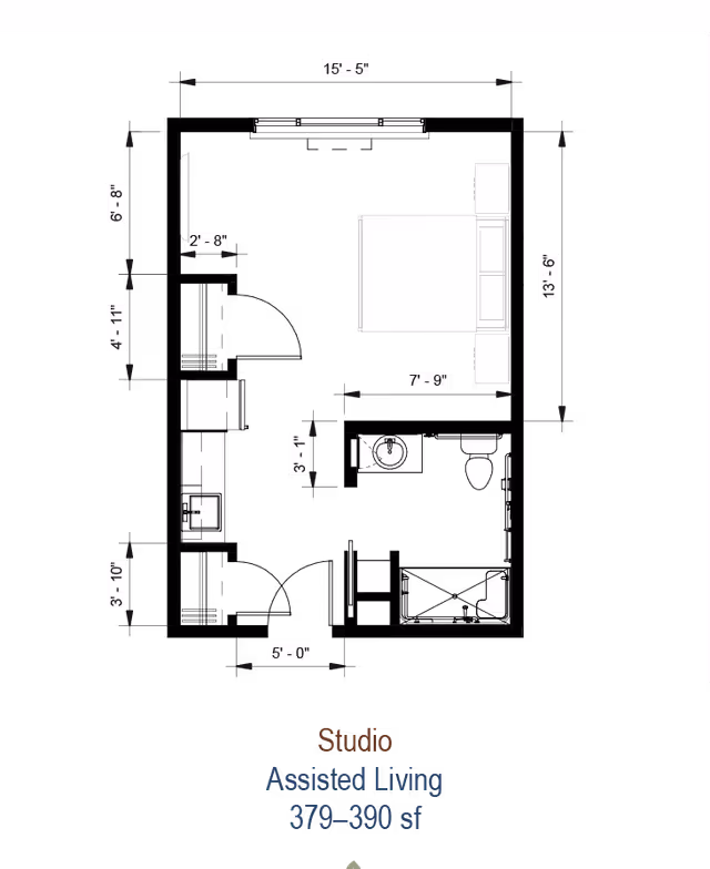 Top-down studio floor plan on a black background showing a bed, kitchenette, bathroom fixtures and dimension labels.