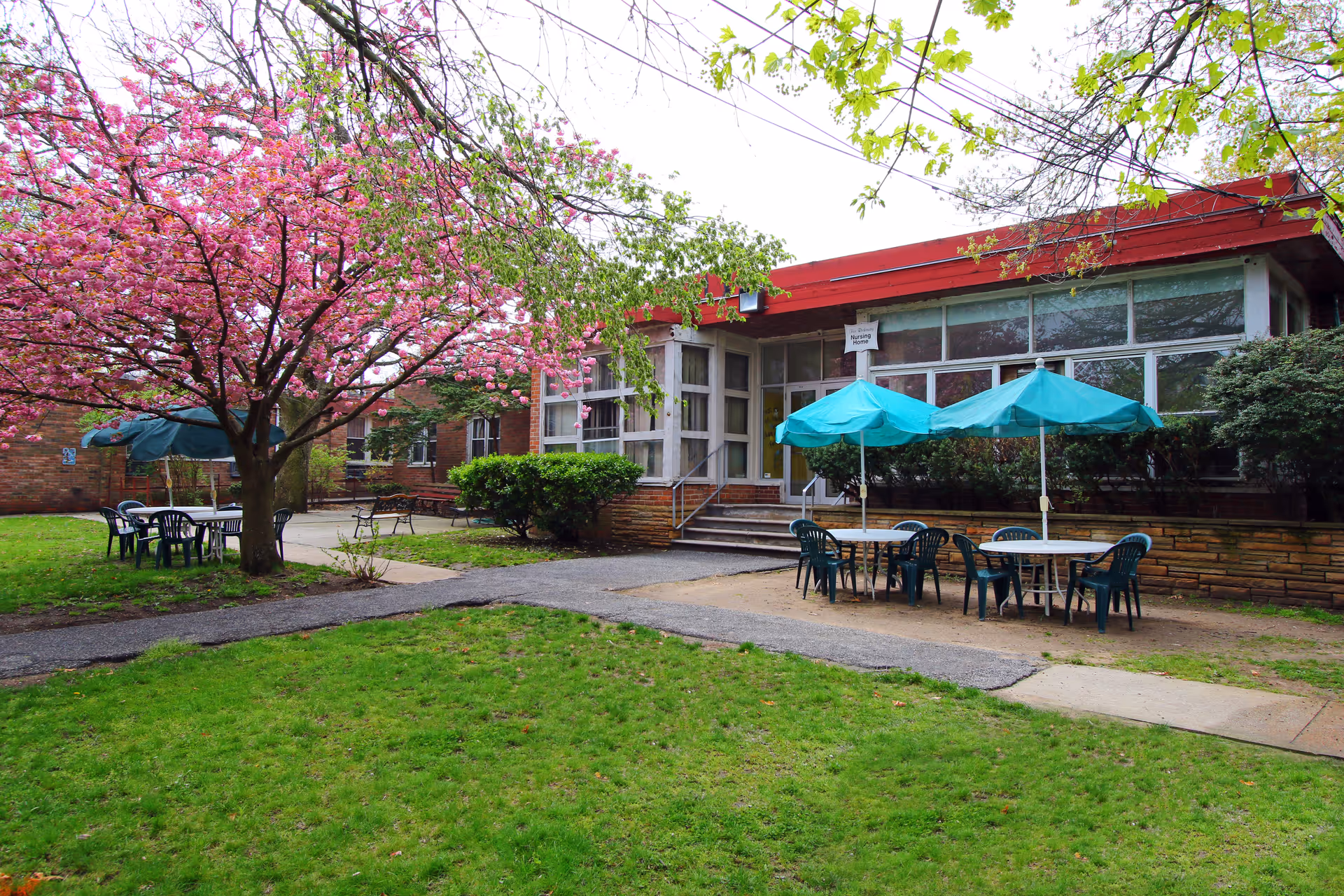 Outdoor courtyard with picnic tables and teal umbrellas in front of a low brick building and a blooming pink tree.