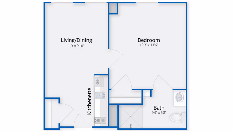 Floor plan layout of a senior living unit at Academy Point at Mystic showing a living/dining area, a bedroom, a kitchenette, and a bathroom with dimensions.