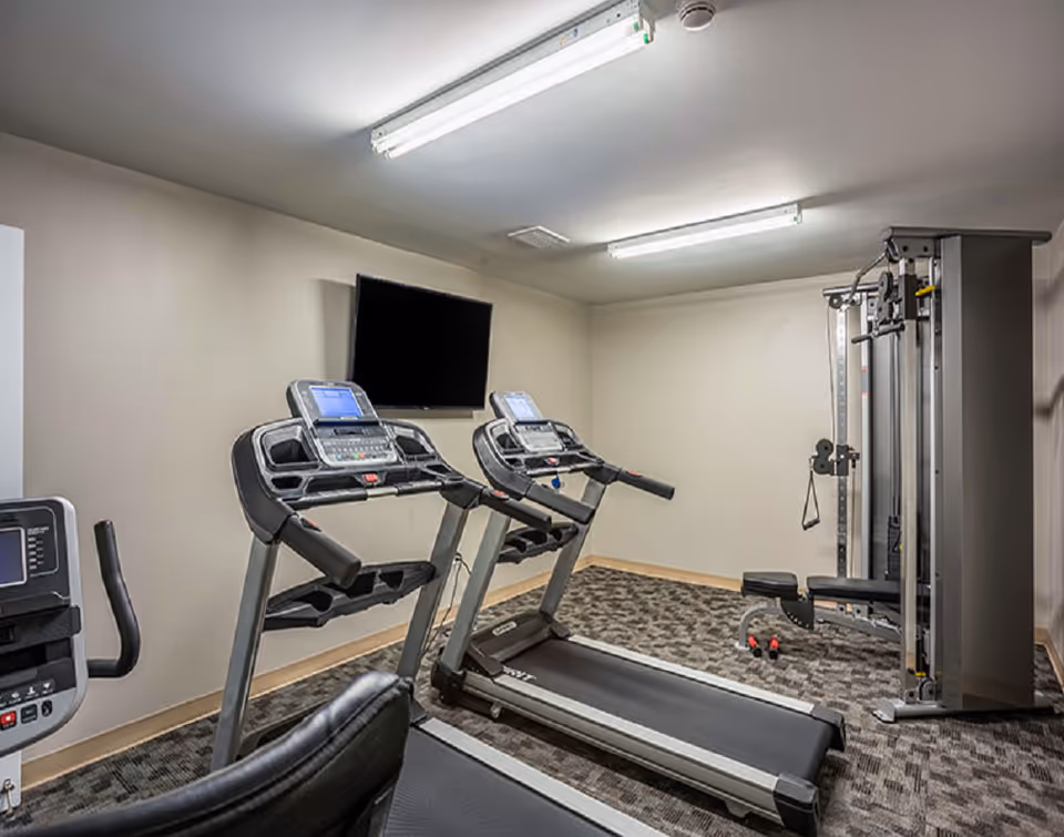 Small indoor fitness room with treadmills, a weight machine, and a wall-mounted TV.