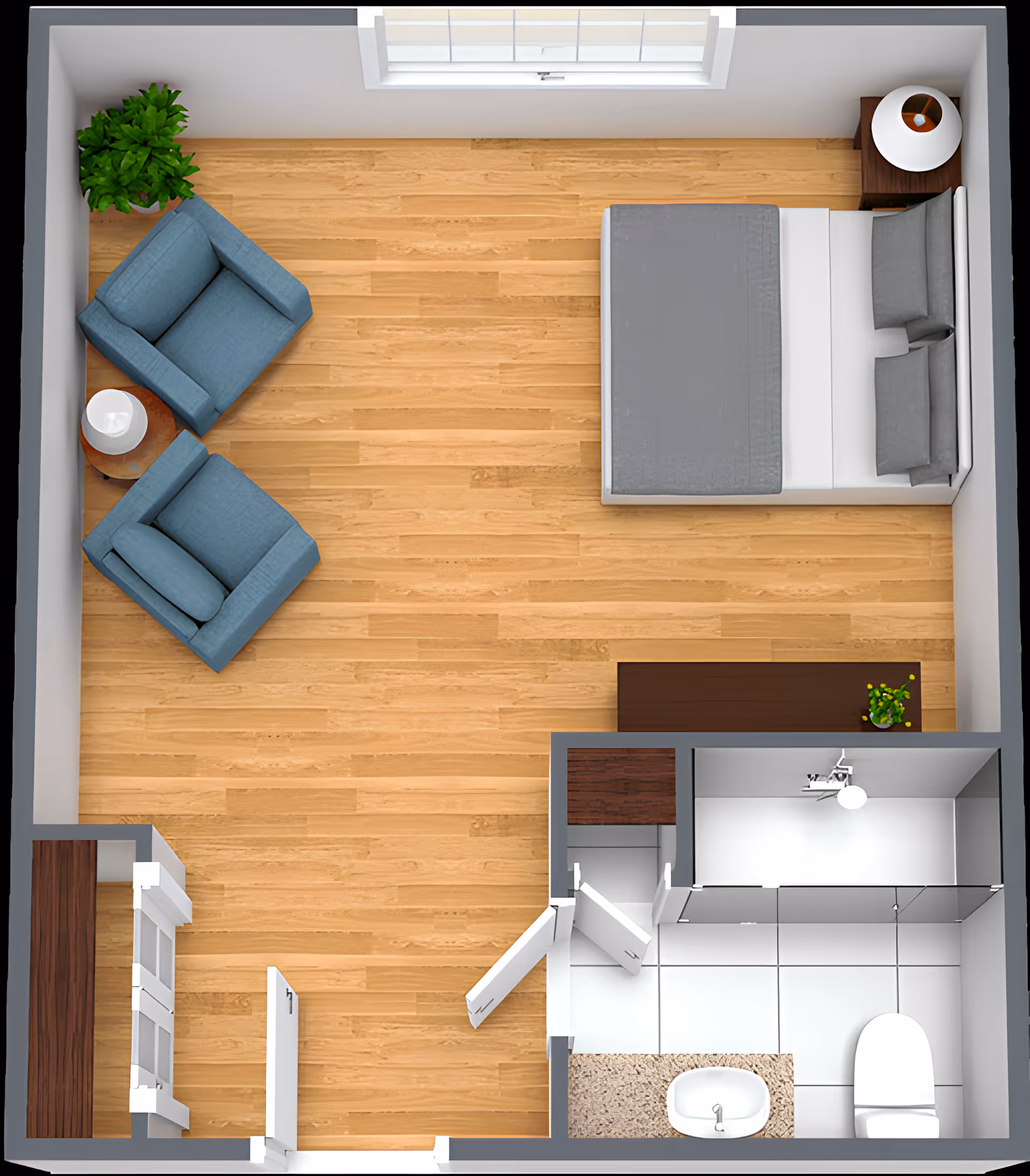 Top-down view of a small studio apartment layout with a bed, two blue armchairs, a side table with a lamp, a plant, a dresser, and a bathroom with a sink, toilet, and shower.