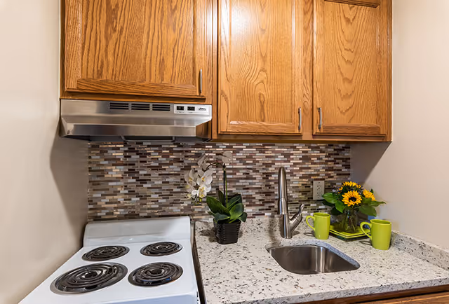 A compact kitchen countertop featuring a white electric stove, stainless range hood, sink set in speckled quartz counter, mosaic tile backsplash, oak cabinets, and floral decorations with green mugs.