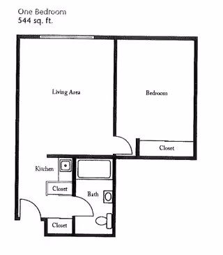 Black and white floor plan of a one-bedroom apartment with 544 square feet. The layout includes a living area, bedroom with a closet, kitchen with a closet, bathroom, and an additional closet near the entrance.