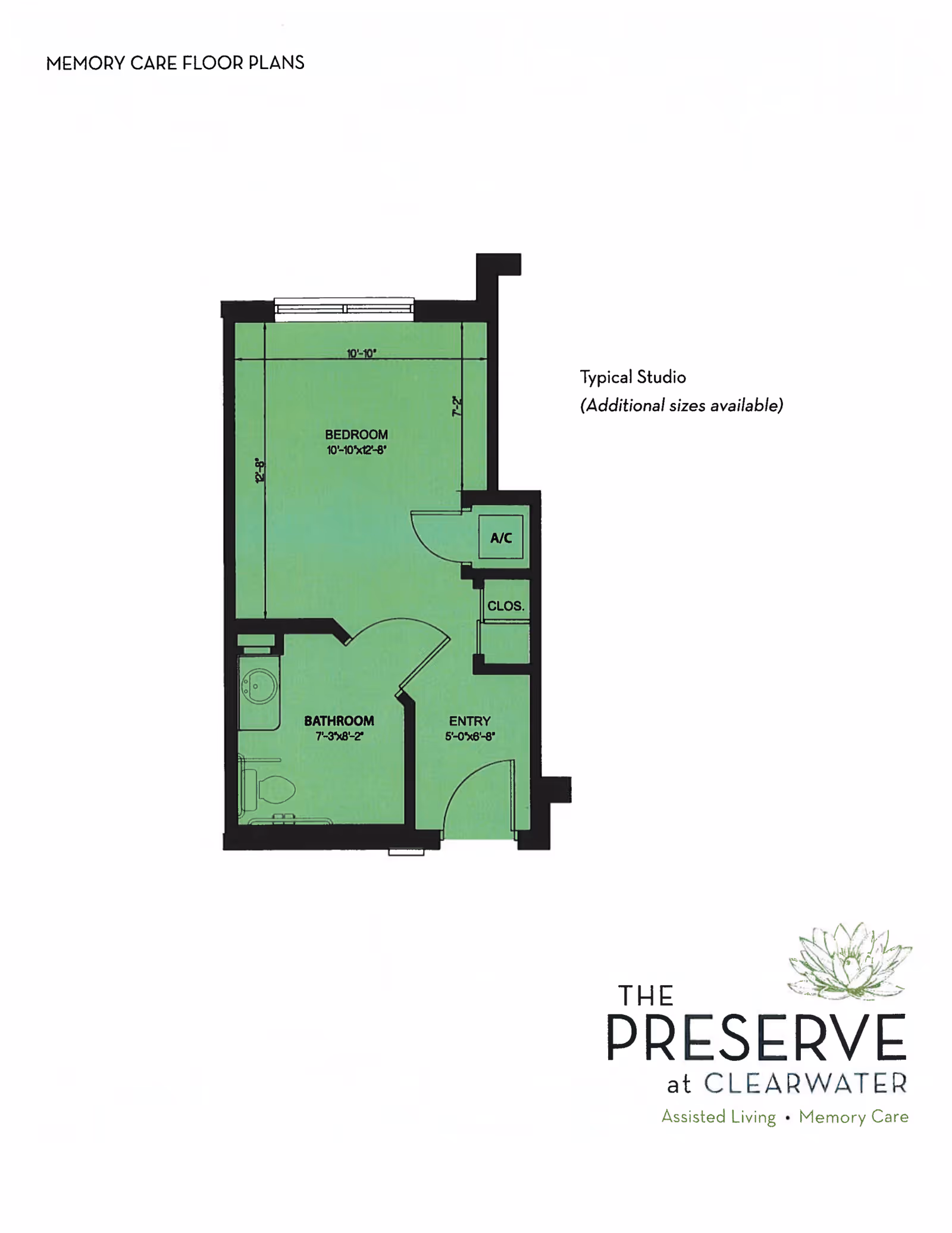 Floor plan of a typical studio memory care unit at The Preserve at Clearwater, showing a bedroom measuring 10 feet 10 inches by 12 feet 8 inches, a bathroom measuring 7 feet 3 inches by 8 feet 2 inches, an entry area measuring 5 feet by 6 feet 8 inches, a closet, and an A/C unit.