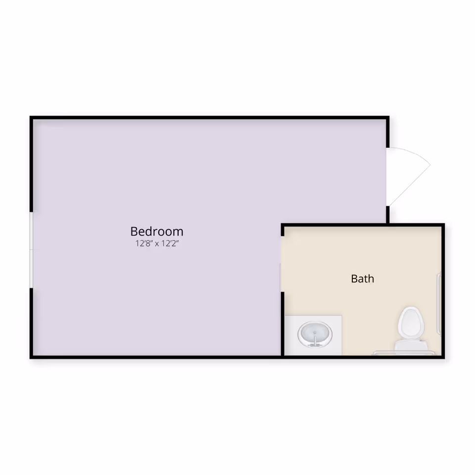 Simple floor plan showing a bedroom (12'8" x 12'2") with an adjoining bathroom containing a sink and toilet.