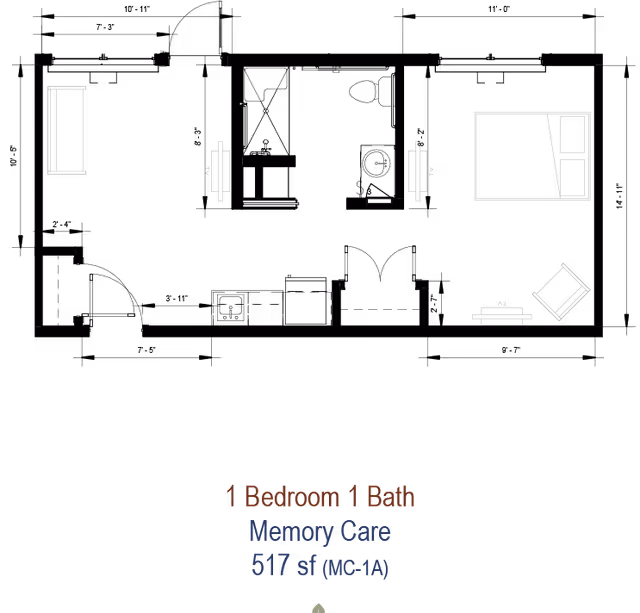 Black-background architectural floor plan showing a 1-bedroom, 1-bath memory care unit with furniture outlines and labeling including '1 Bedroom 1 Bath Memory Care 517 sf (MC-1A)'.