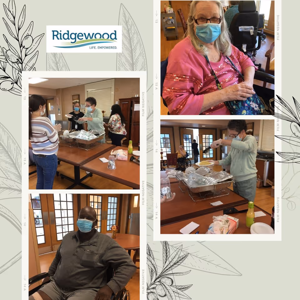 Collage of images from Ridgewood Care Center showing a dining area where staff and residents, all wearing masks, are engaging in meal service and social interaction. One image shows a woman in a pink top sitting in a wheelchair, another shows a man in a gray sweater sitting in a wheelchair, and other images show staff serving food from trays on tables.