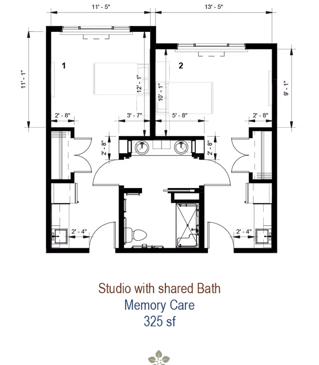 Architectural floor plan of a studio apartment with shared bath designed for memory care, showing dimensions and layout of two beds, a shared bathroom, and entry area. The total area is 325 square feet.