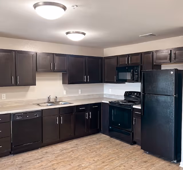 Dark wood kitchen cabinets surround black appliances, including a stove, fridge, dishwasher, and sink.