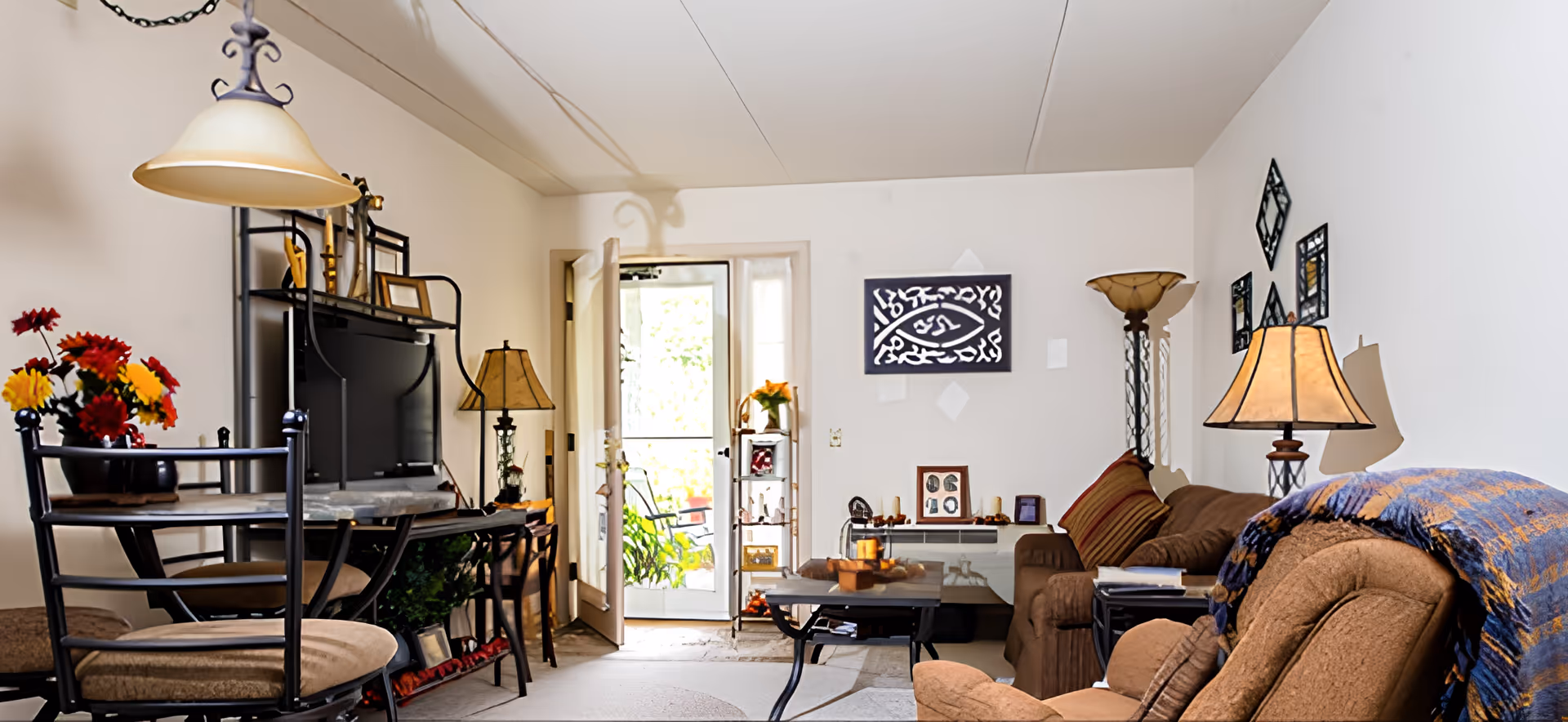 A cozy living room with a brown armchair and sofa, a coffee table with decorative items, a floor lamp, and a table lamp. There is a TV on a stand with shelves holding picture frames and plants. A glass door leads to an outdoor area with plants visible through the door. The walls are decorated with framed artwork and mirrors.