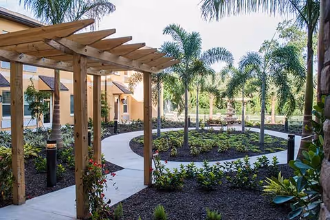 A landscaped outdoor garden area with a curved concrete pathway, palm trees, and various plants. There is a wooden pergola on the left side and a building with yellow walls and brown roofs in the background.