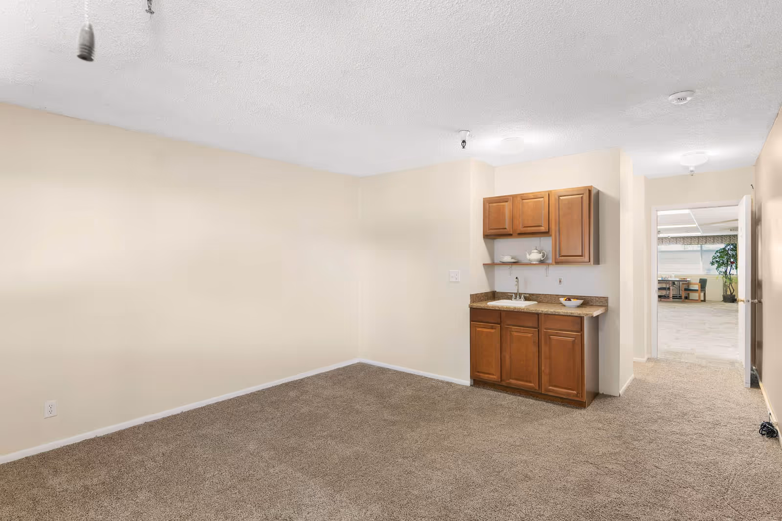 Empty room with beige walls and carpeted floor featuring a small wooden kitchenette with a sink and cabinets. An open doorway leads to another room with tables, chairs, and a large plant visible.