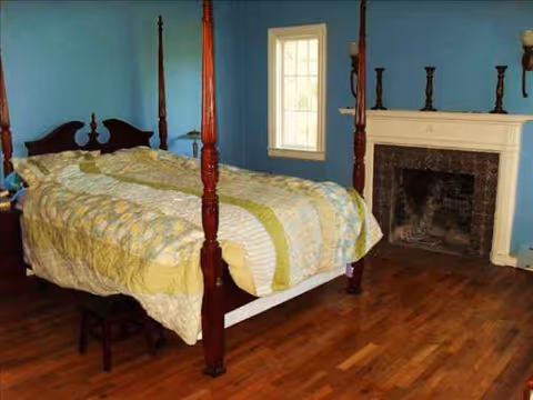 Blue bedroom with a four-poster bed and a fireplace on hardwood floor.