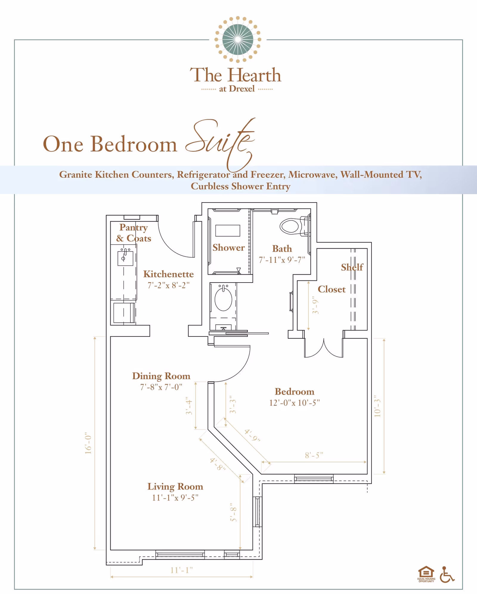 Floor plan of a one bedroom suite at The Hearth at Drexel showing a kitchenette, pantry and coats area, dining room, living room, bedroom with closet and shelf, bathroom with shower and bath dimensions.