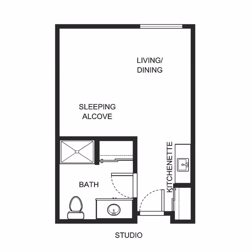 Floor plan of a studio apartment at Holiday Edgewood Downs showing a sleeping alcove, living/dining area, kitchenette, and a bathroom with a shower, toilet, and sink.