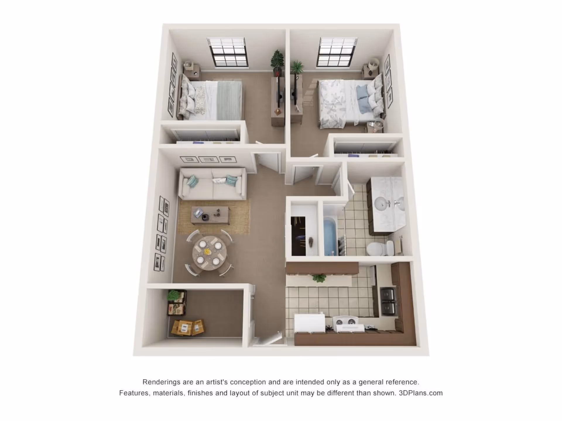Top-down 3D floor plan of a two-bedroom apartment showing a living/dining area, kitchen, bathroom, and two bedrooms.