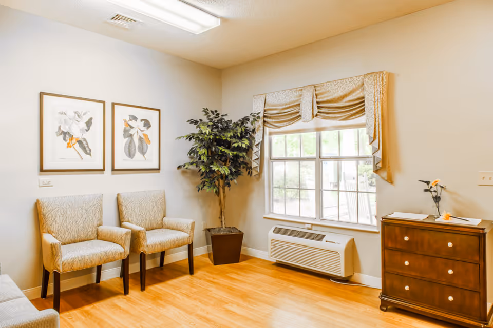 A bright room with two patterned armchairs against a wall with two framed botanical prints. There is a large window with decorative valance curtains, a potted plant in the corner, a wooden chest of drawers with a flower vase on top, and a wall-mounted air conditioning unit below the window. The floor is light wood.