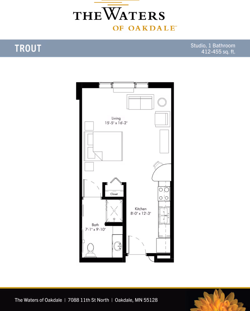 Black floor-plan graphic for a studio apartment labeled 'TROUT' showing living area, kitchen and bath with dimensions.