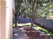 Outdoor walkway beside a beige building with trees and a wooden fence in the background.