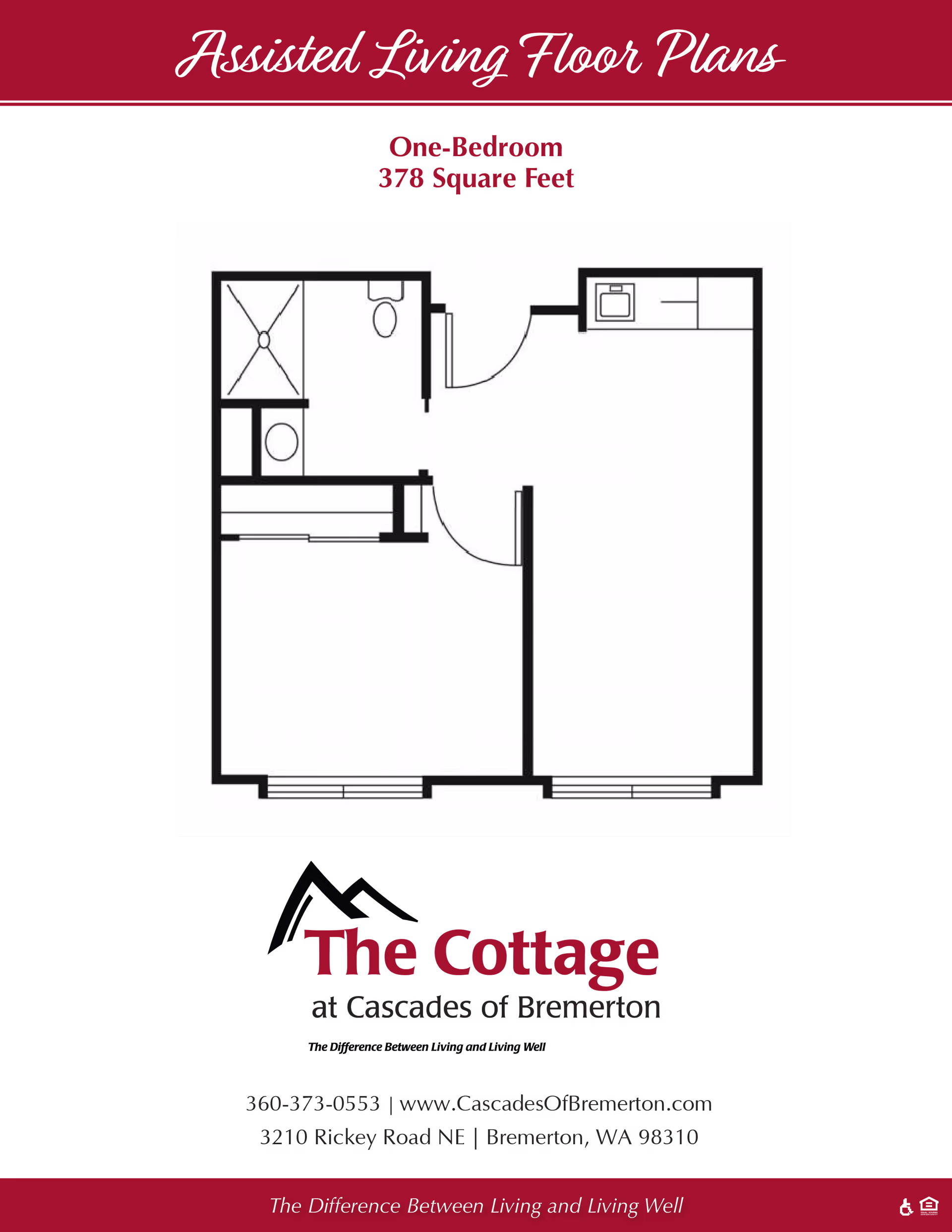 Floor plan of a one-bedroom assisted living unit named The Cottage at Cascades of Bremerton, showing a layout with a bedroom, bathroom, and living area with a kitchenette, totaling 378 square feet.