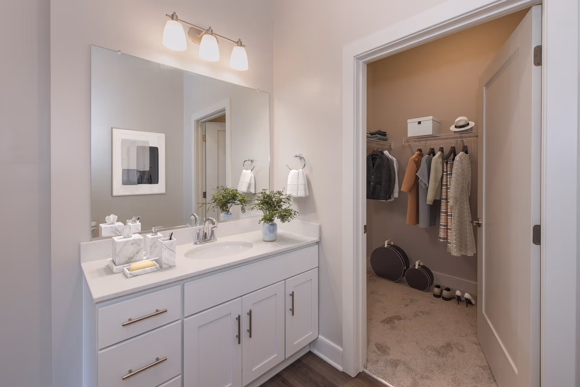 A clean and modern bathroom vanity with a large mirror, white countertop, and sink. On the countertop are a soap dish, tissue box, and a small plant. To the right is an open door leading to a walk-in closet with hanging clothes, a hat, two round suitcases on the floor, and a few pairs of shoes.