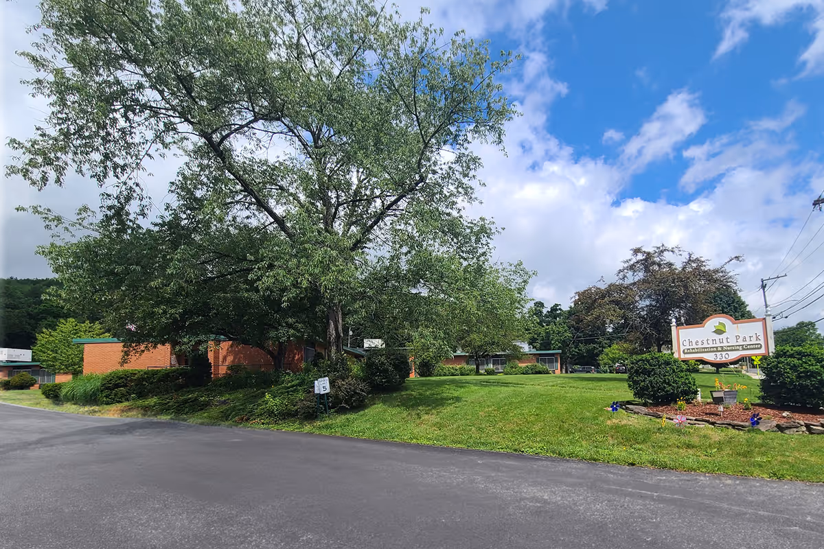 Exterior view of Chestnut Park Rehabilitation and Nursing Center showing a large tree, green lawn, bushes, and a sign with the facility's name and address. The sky is partly cloudy with blue patches.