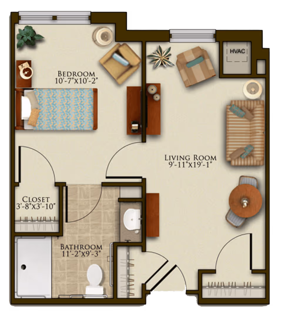 Floor plan of a senior living unit at Harmony at Chantilly showing a bedroom with a bed, armchair, and nightstand; a living room with a sofa, armchair, round table with two chairs, and a TV stand; a bathroom with a shower, toilet, and sink; a closet; and an HVAC area.
